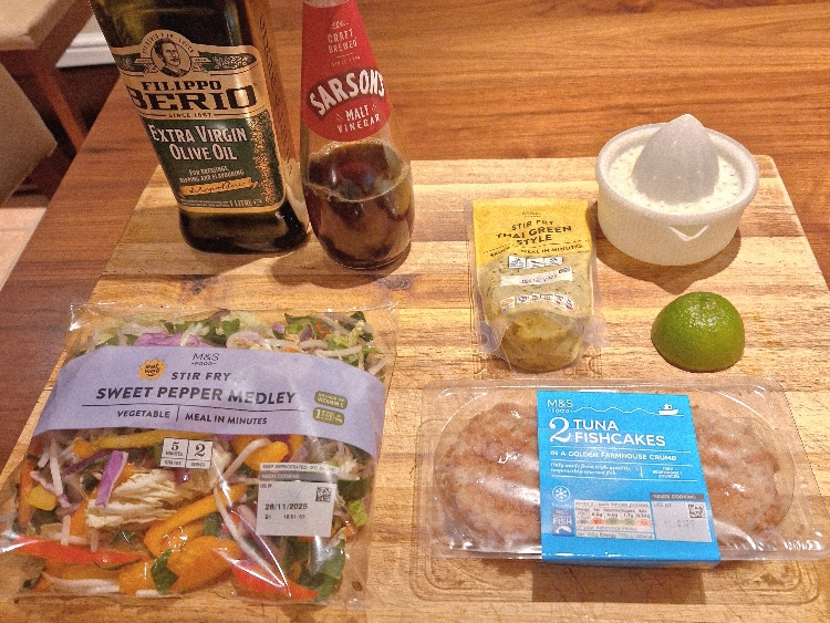 fishcakes and stir fry ingredients