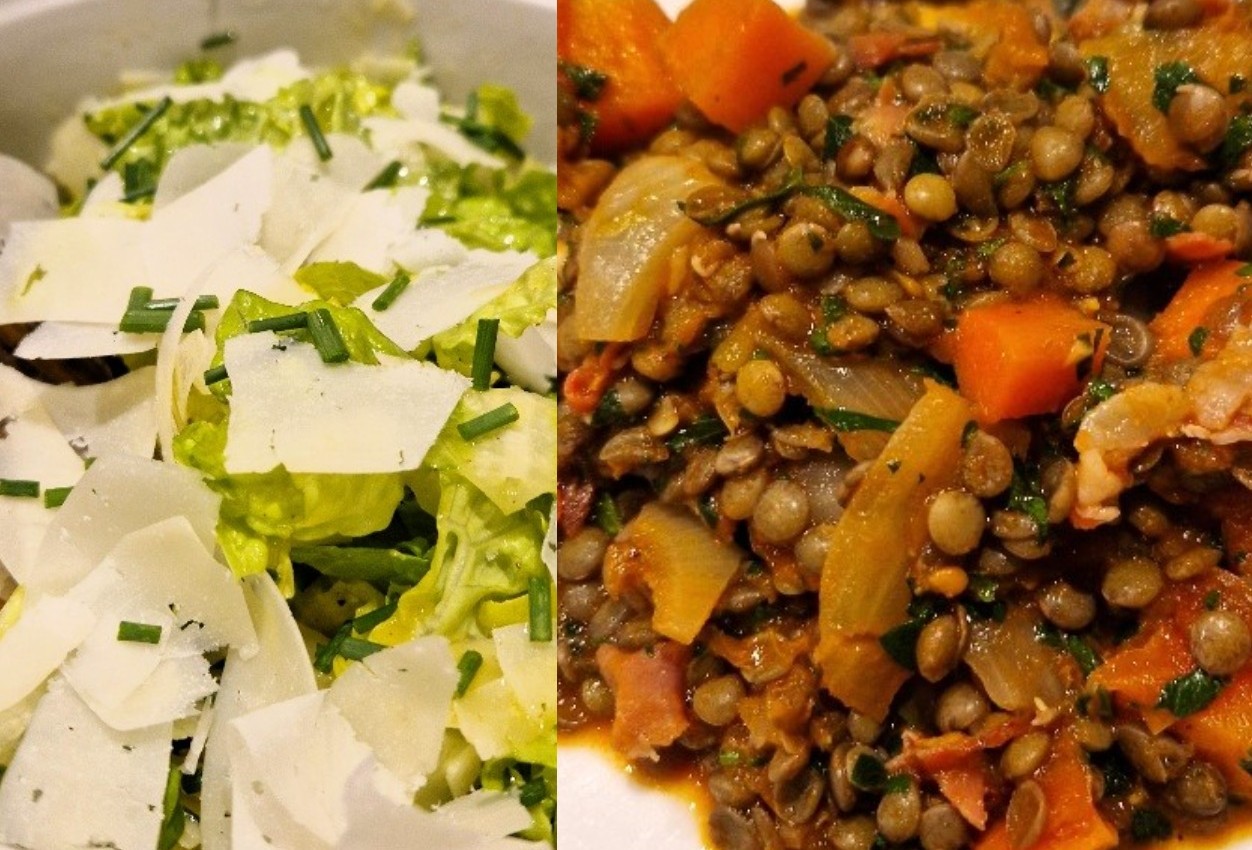 spanish lentil stew with manchego salad bowl