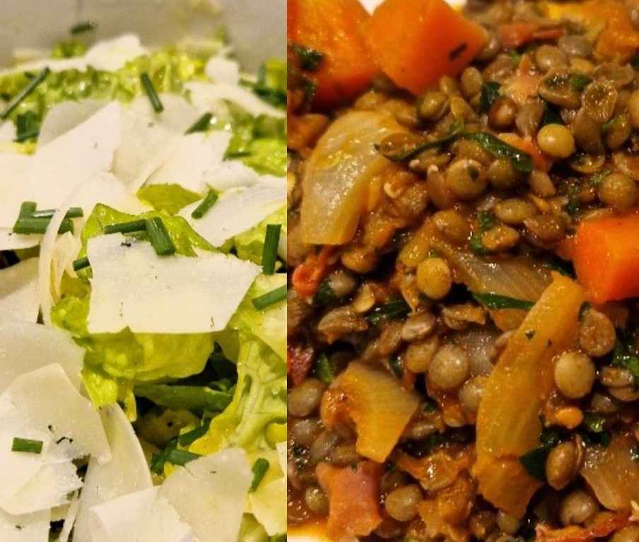 Lentil stew with Manchego lettuce salad